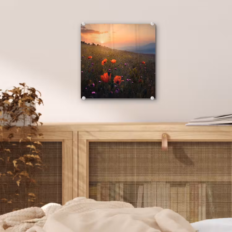 Bloemenveld - Gras - Bloemen - Planten - Zonsondergang - Oranje plexiglas 5mm klein -sfeer4
