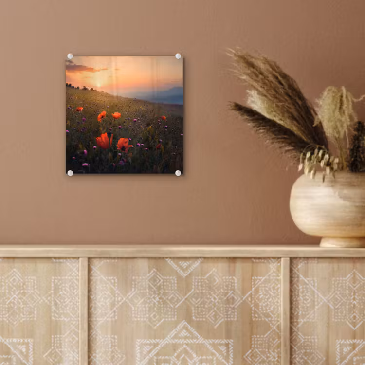 Bloemenveld - Gras - Bloemen - Planten - Zonsondergang - Oranje plexiglas 5mm klein -sfeer5