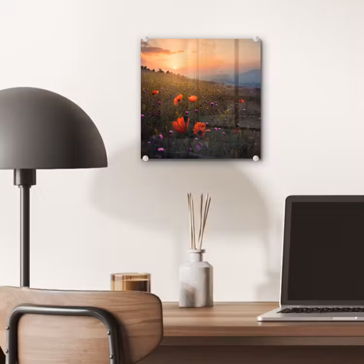 Bloemenveld - Gras - Bloemen - Planten - Zonsondergang - Oranje plexiglas 5mm klein -sfeer6