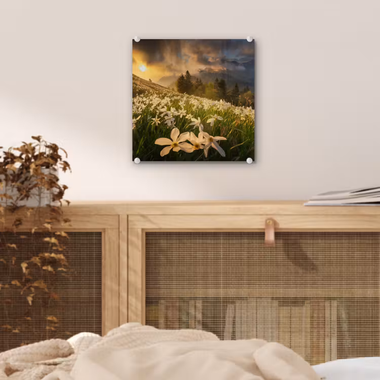 Bloemenveld - Heuvels - Zonsondergang - Berg - Natuur - Wit - Heuvels plexiglas 5mm klein -sfeer4