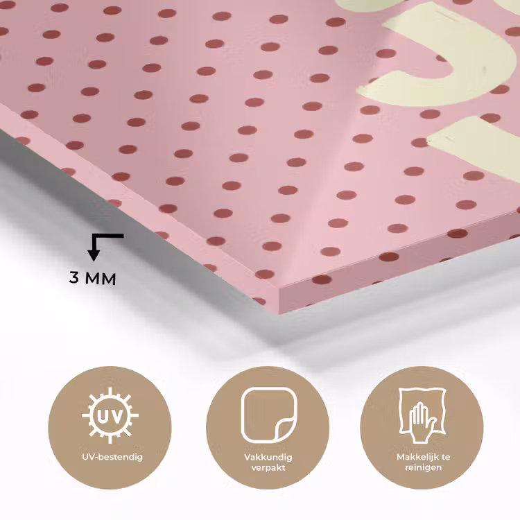 Bonjour - Stippen - Roze- Geel plexiglas 5mm klein -sfeer2