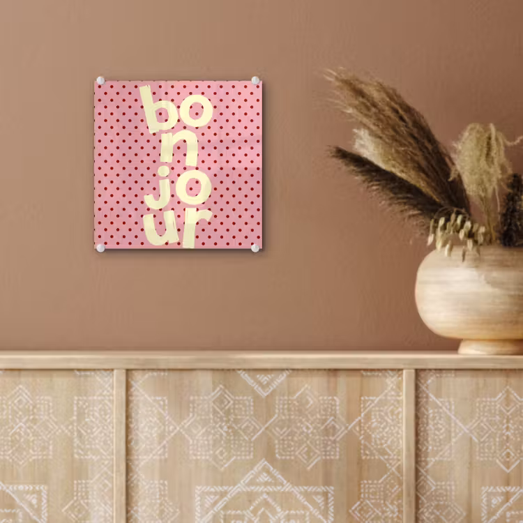 Bonjour - Stippen - Roze- Geel plexiglas 5mm klein -sfeer5