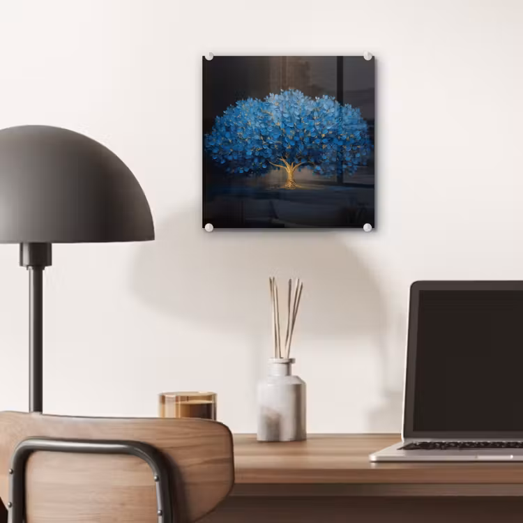 Boom - Blauw - Bladeren - Penseelstreken plexiglas 5mm klein -sfeer6