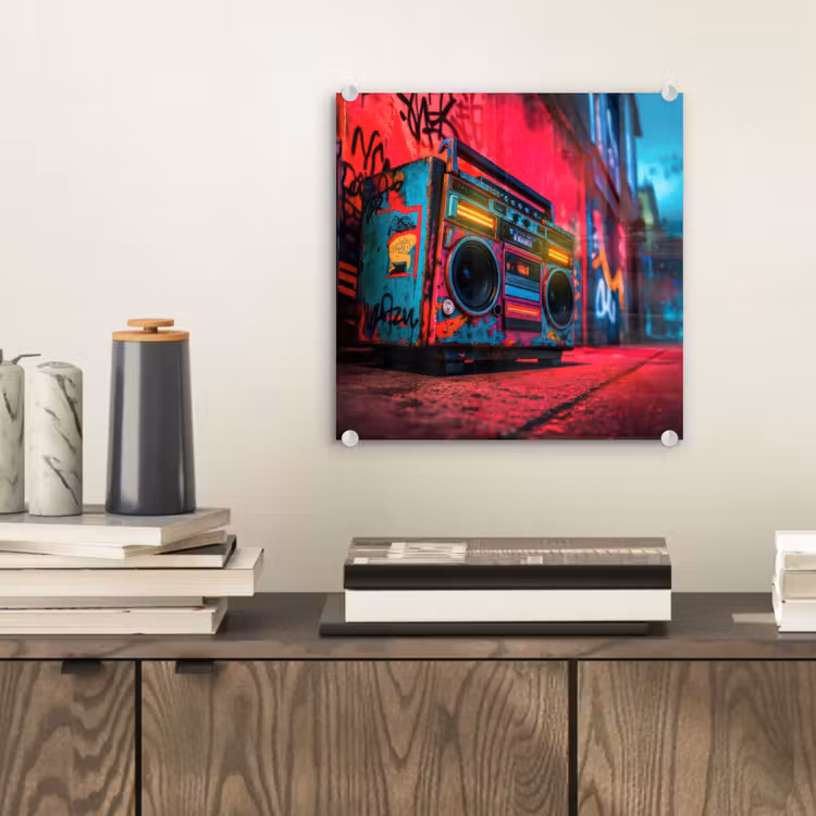 Boombox - Rood - Graffiti - Neon plexiglas 5mm klein -sfeer1