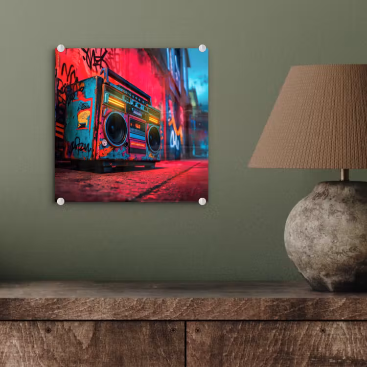 Boombox - Rood - Graffiti - Neon plexiglas 5mm klein -sfeer3