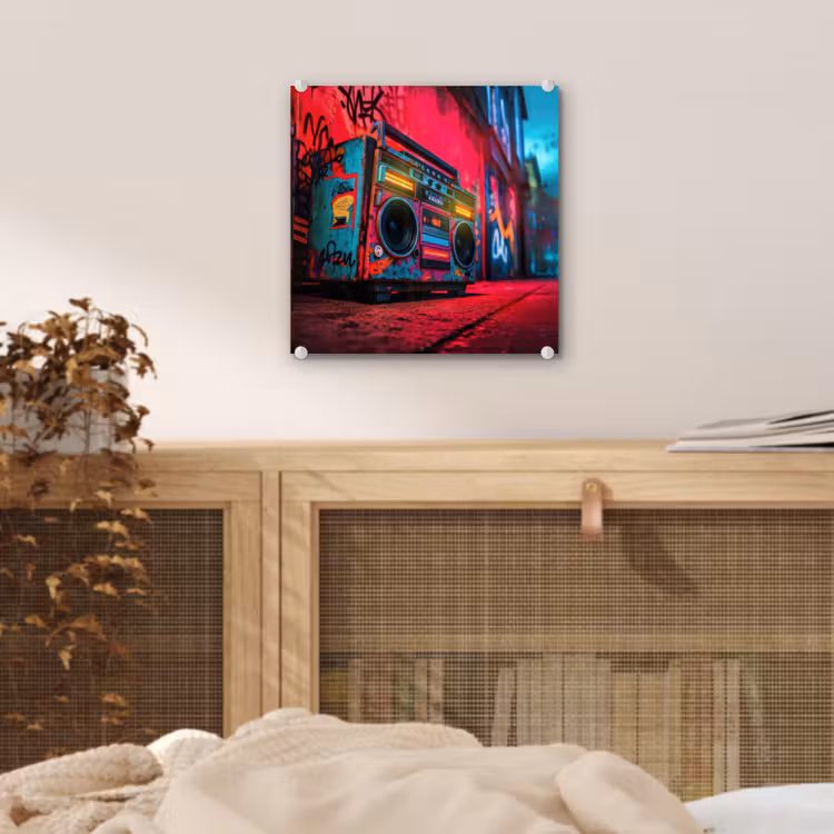 Boombox - Rood - Graffiti - Neon plexiglas 5mm klein -sfeer4