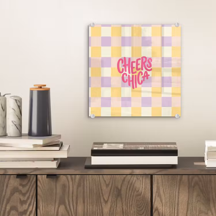 Cheers Chica - Ruitjes - Lila - Geel plexiglas 5mm klein -sfeer1