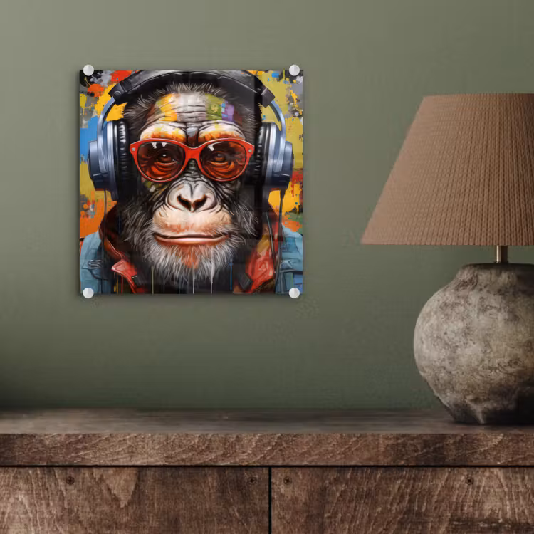 Chimpansee - Aap - dieren - Graffiti - Bril - Koptelefoon - Kleuren plexiglas 5mm klein -sfeer3