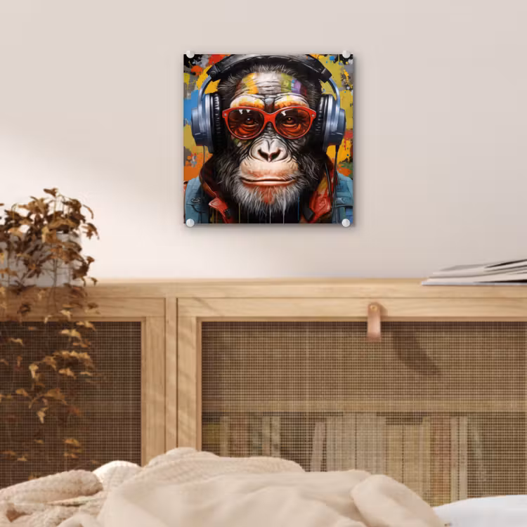 Chimpansee - Aap - dieren - Graffiti - Bril - Koptelefoon - Kleuren plexiglas 5mm klein -sfeer4