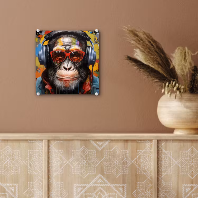 Chimpansee - Aap - dieren - Graffiti - Bril - Koptelefoon - Kleuren plexiglas 5mm klein -sfeer5