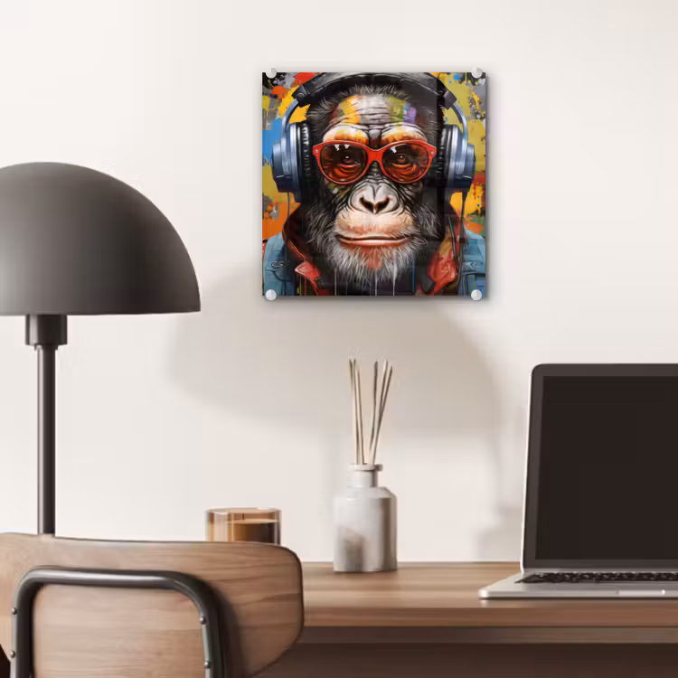 Chimpansee - Aap - dieren - Graffiti - Bril - Koptelefoon - Kleuren plexiglas 5mm klein -sfeer6