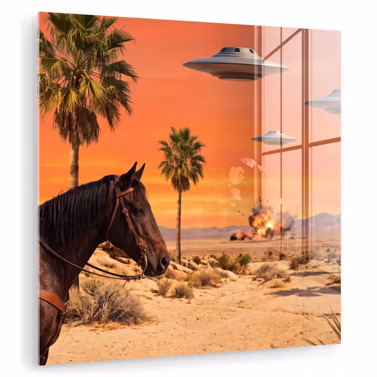 Glas schilderij - Cowboy - Paard - Woestijn - Cowboy - Paard - Woestijn plexiglas 5mm klein