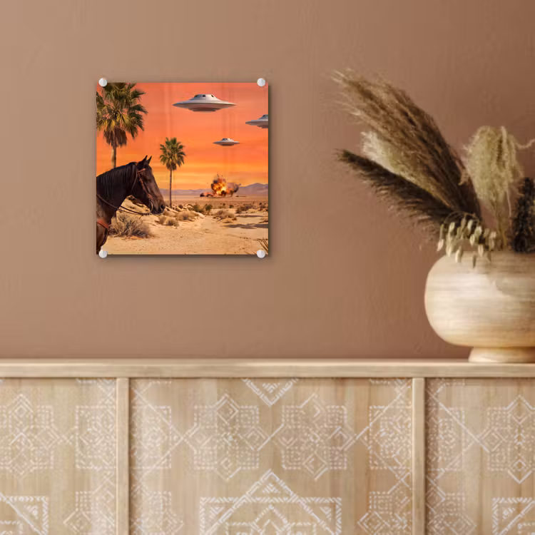 Glas schilderij - Cowboy - Paard - Woestijn - Cowboy - Paard - Woestijn plexiglas 5mm klein