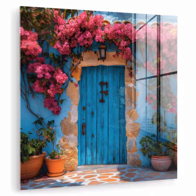 Deur - Hout - Bloemen - Blauw plexiglas 5mm klein -zzzproduct_nieuw