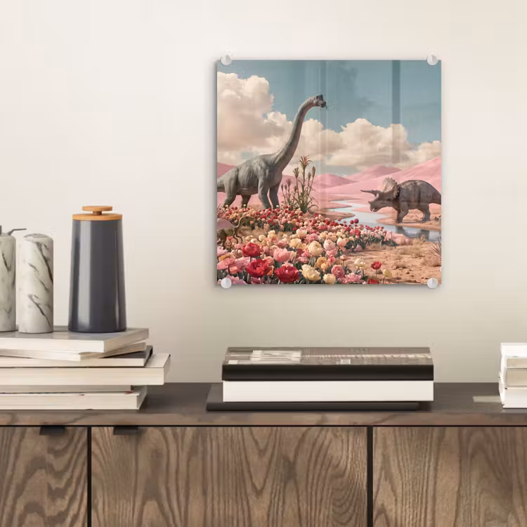 Glas schilderij - Dinosaurus - Roze - Landschap - Dinosaurus - Roze - Landschap plexiglas 5mm klein