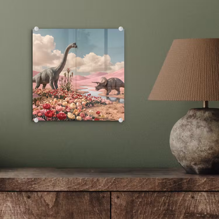 Glas schilderij - Dinosaurus - Roze - Landschap - Dinosaurus - Roze - Landschap plexiglas 5mm klein