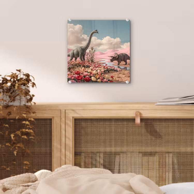 Glas schilderij - Dinosaurus - Roze - Landschap - Dinosaurus - Roze - Landschap plexiglas 5mm klein