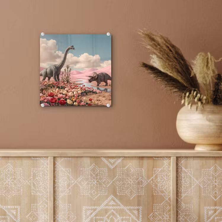 Glas schilderij - Dinosaurus - Roze - Landschap - Dinosaurus - Roze - Landschap plexiglas 5mm klein