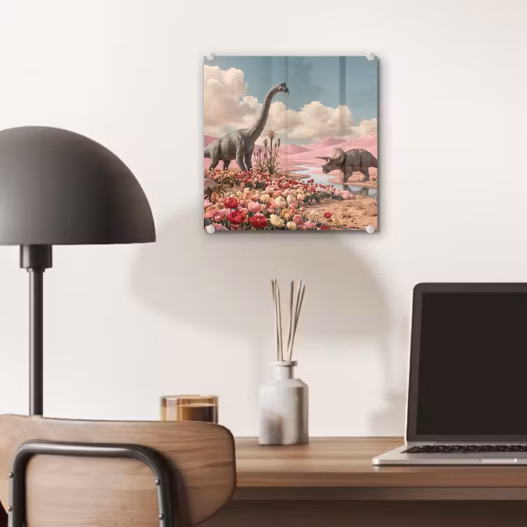 Glas schilderij - Dinosaurus - Roze - Landschap - Dinosaurus - Roze - Landschap plexiglas 5mm klein