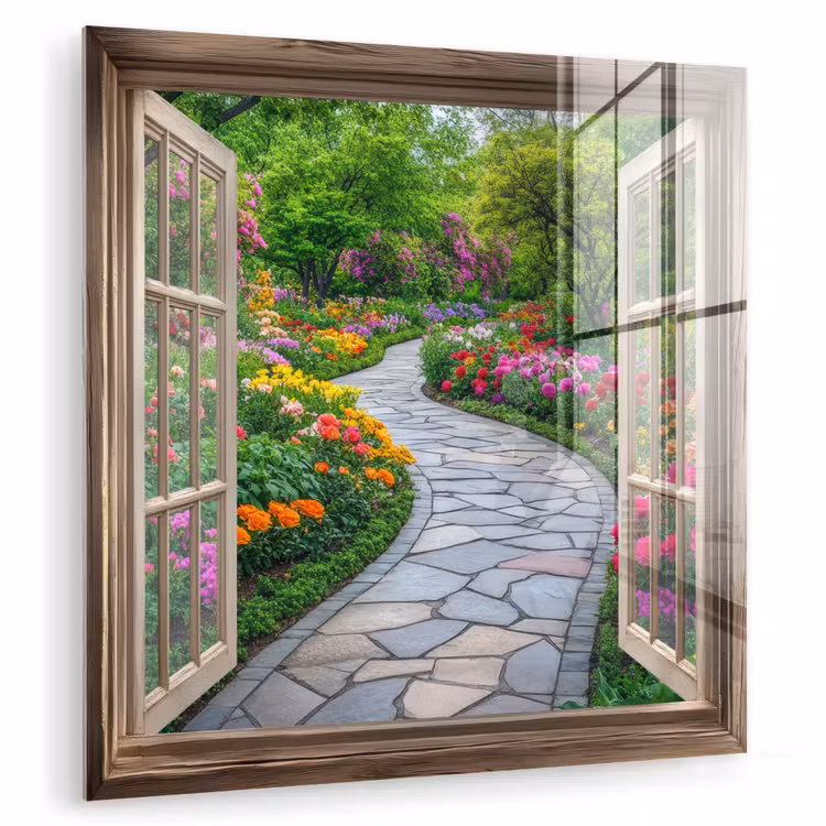 Doorkijk - Bloemen - Tuinpad - Natuur - Raam plexiglas 5mm klein -zzzproduct_nieuw