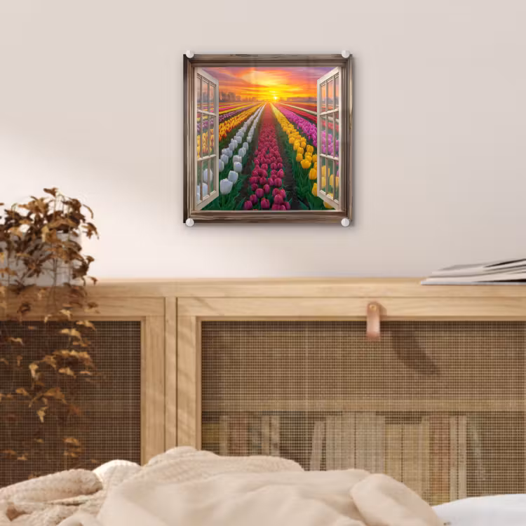 Doorkijk - Bloemen - Tulpen - Kleurrijk - Zonsondergang plexiglas 5mm klein -sfeer4