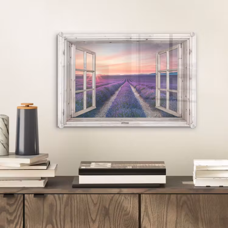 Doorkijk - Lavendel - Bloemen - Hout - Zonsondergang - Paars plexiglas 5mm klein -sfeer1