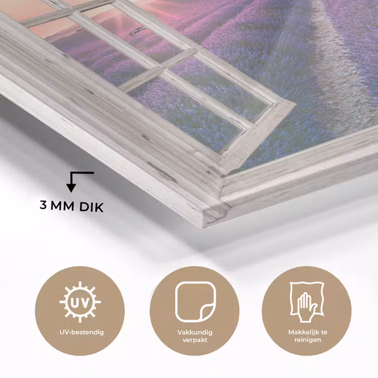 Doorkijk - Lavendel - Bloemen - Hout - Zonsondergang - Paars plexiglas 5mm klein -sfeer2