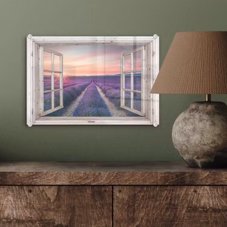 Doorkijk - Lavendel - Bloemen - Hout - Zonsondergang - Paars plexiglas 5mm klein -sfeer3
