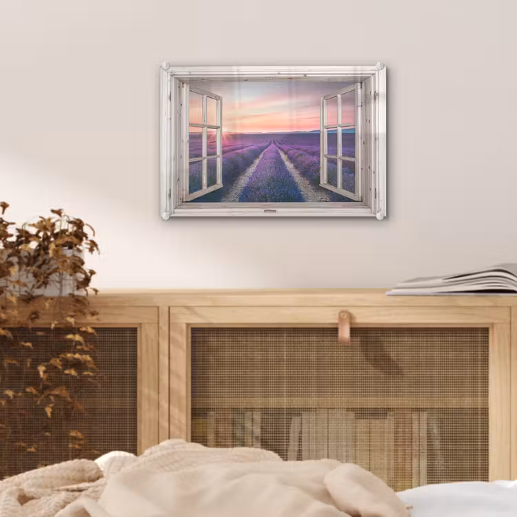 Doorkijk - Lavendel - Bloemen - Hout - Zonsondergang - Paars plexiglas 5mm klein -sfeer4