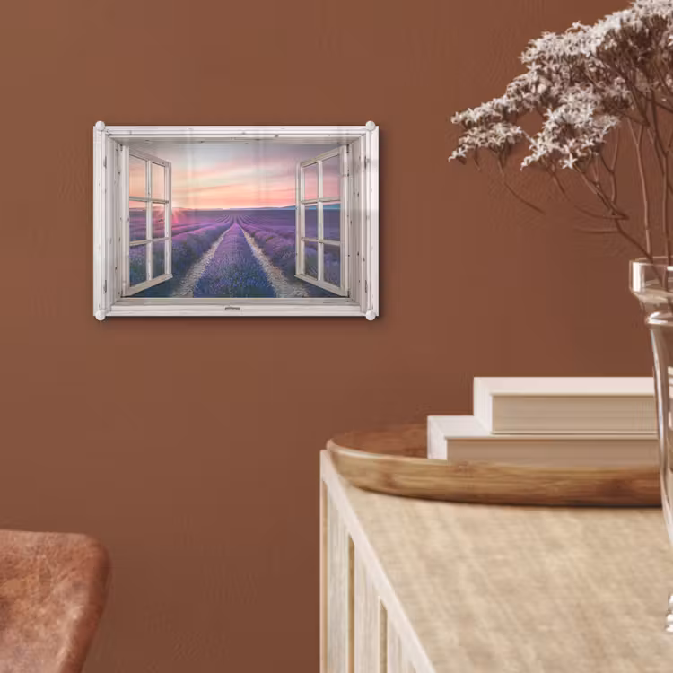 Doorkijk - Lavendel - Bloemen - Hout - Zonsondergang - Paars plexiglas 5mm klein -sfeer5