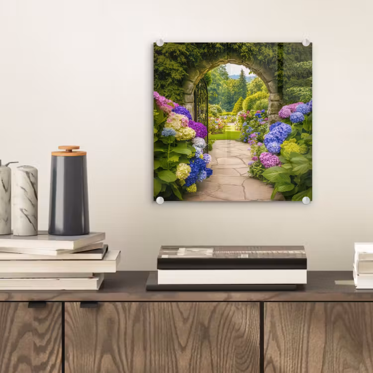 Doorkijk - Poort - Hortensia - Bloementuin plexiglas 5mm klein -sfeer1