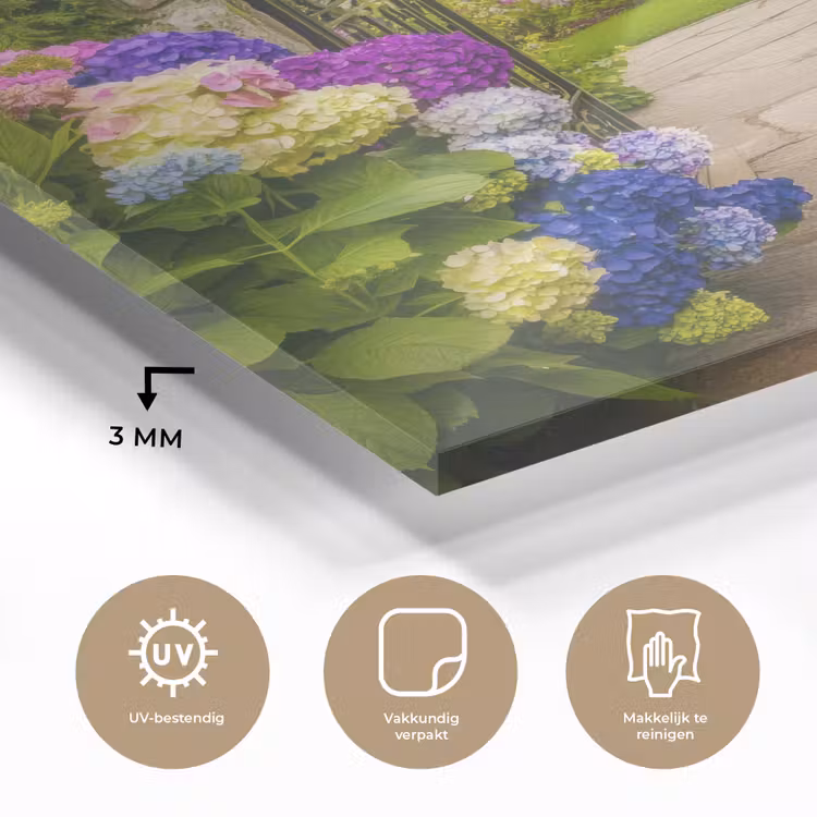 Doorkijk - Poort - Hortensia - Bloementuin plexiglas 5mm klein -sfeer2
