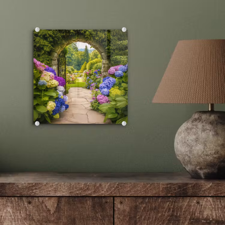Doorkijk - Poort - Hortensia - Bloementuin plexiglas 5mm klein -sfeer3