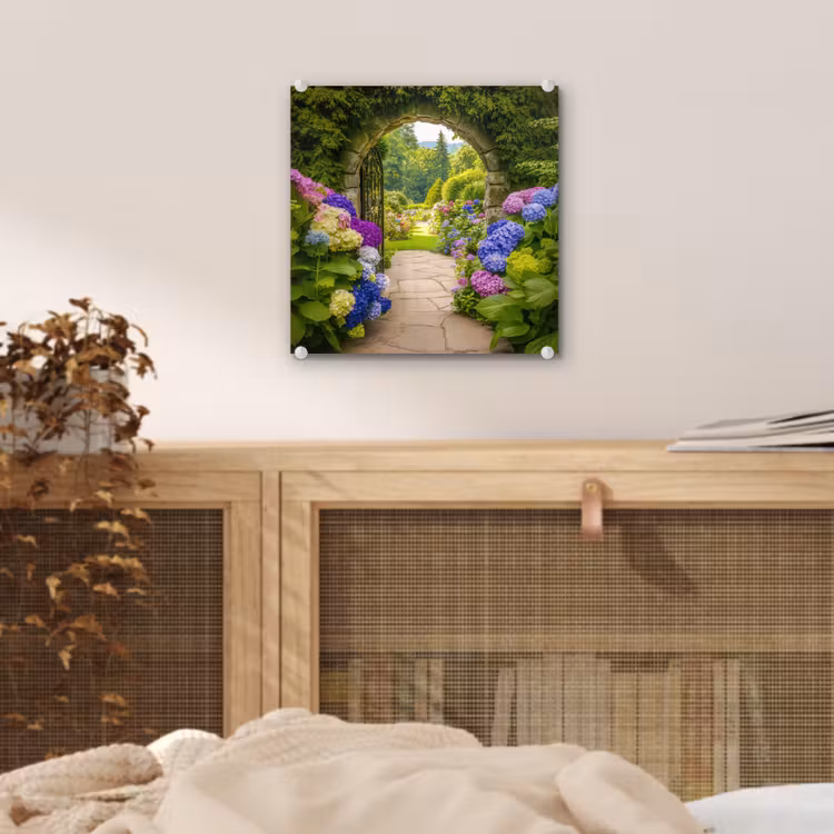 Doorkijk - Poort - Hortensia - Bloementuin plexiglas 5mm klein -sfeer4