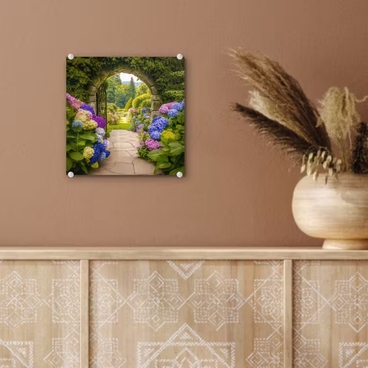 Doorkijk - Poort - Hortensia - Bloementuin plexiglas 5mm klein -sfeer5