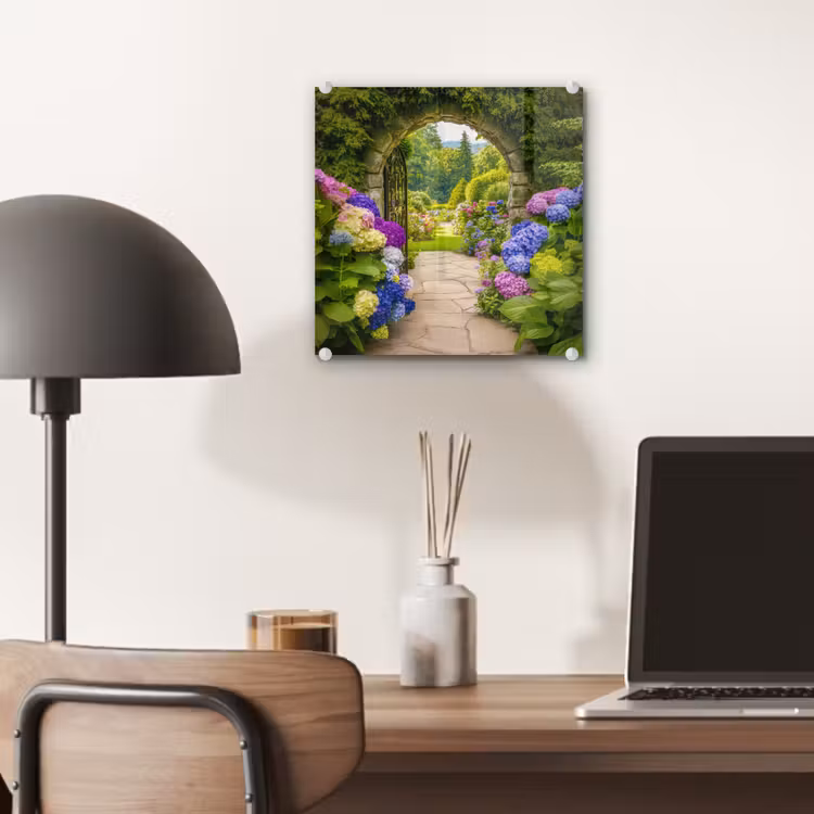Doorkijk - Poort - Hortensia - Bloementuin plexiglas 5mm klein -sfeer6