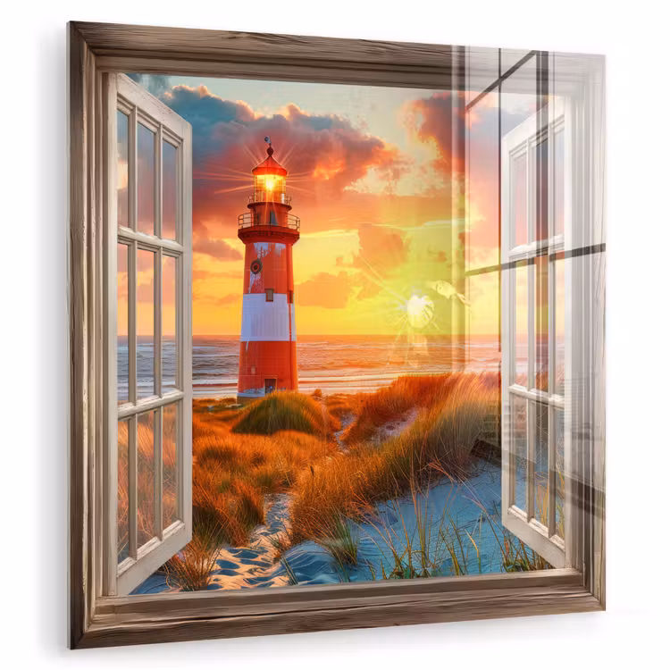 Doorkijk - Raam - Vuurtoren - Zonsondergang - Strand plexiglas 5mm klein -zzzproduct_nieuw