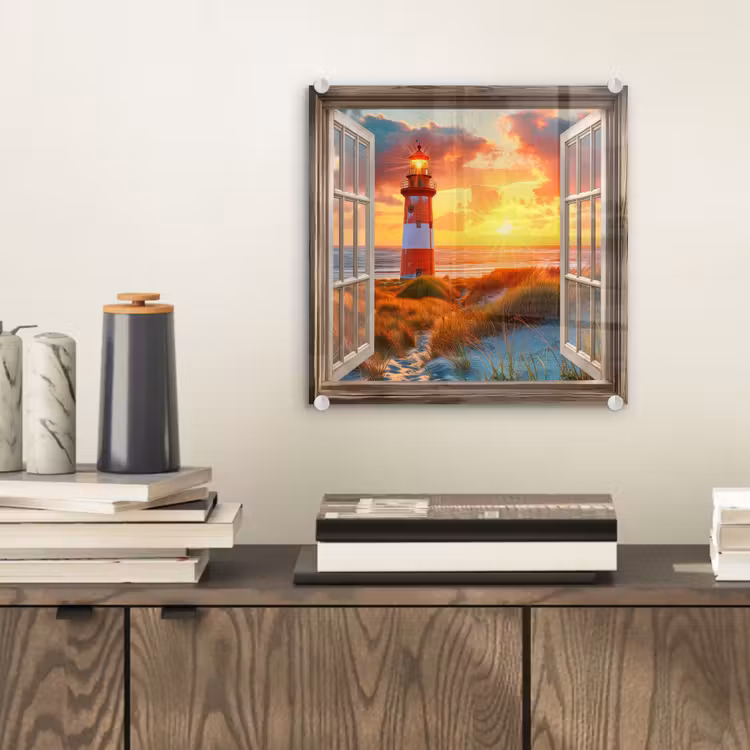 Doorkijk - Raam - Vuurtoren - Zonsondergang - Strand plexiglas 5mm klein -sfeer1