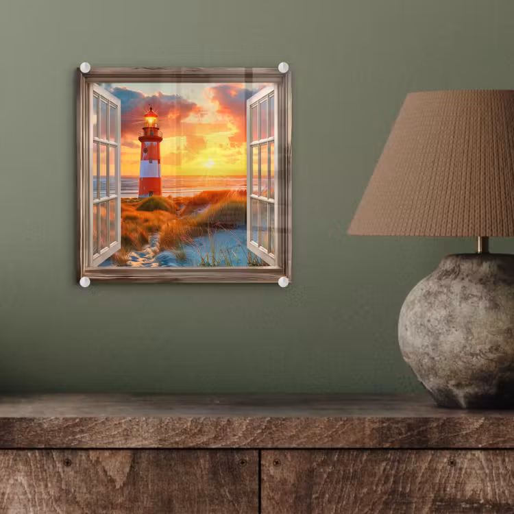 Doorkijk - Raam - Vuurtoren - Zonsondergang - Strand plexiglas 5mm klein -sfeer3