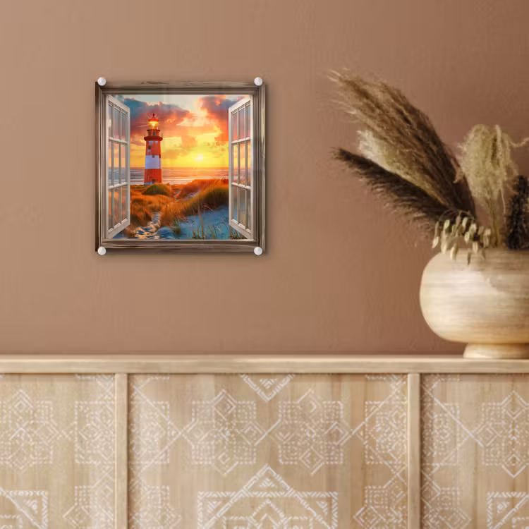 Doorkijk - Raam - Vuurtoren - Zonsondergang - Strand plexiglas 5mm klein -sfeer5