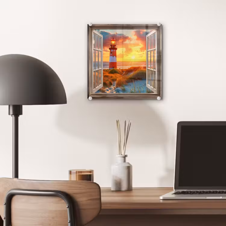 Doorkijk - Raam - Vuurtoren - Zonsondergang - Strand plexiglas 5mm klein -sfeer6