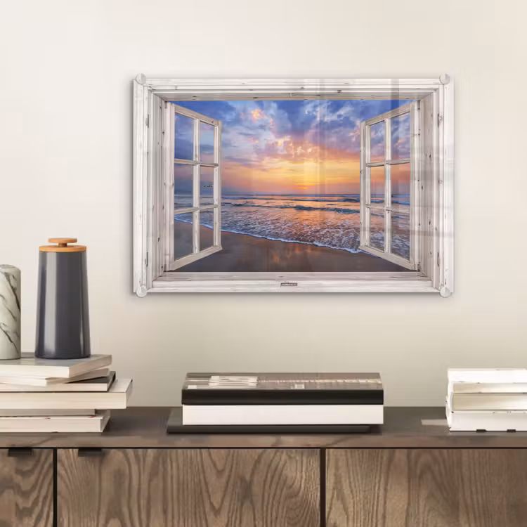 Doorkijk - Zee - Strand - Zonsondergang - Blauw plexiglas 5mm klein -sfeer1