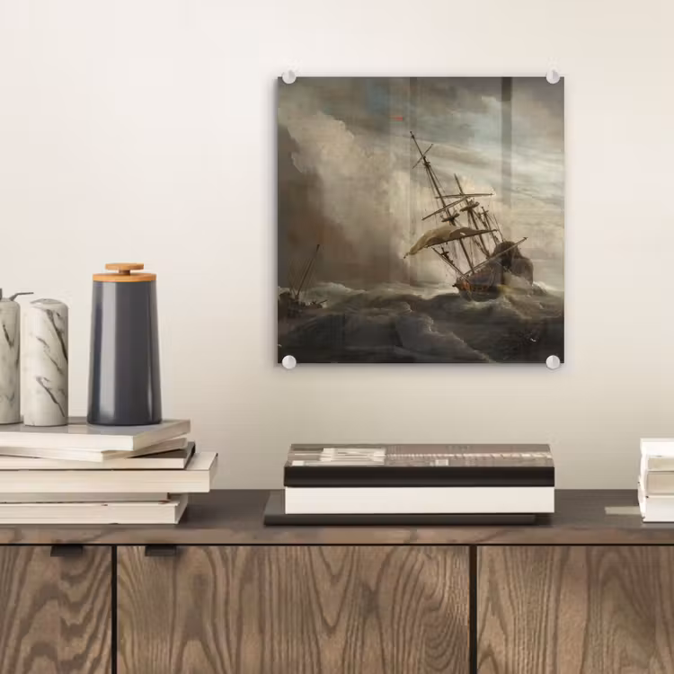 Een schip in volle zee bij vliegende storm - Schilderij van Willem van de Velde plexiglas 5mm klein -sfeer1