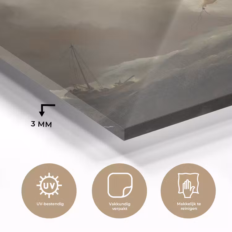Een schip in volle zee bij vliegende storm - Schilderij van Willem van de Velde plexiglas 5mm klein -sfeer2