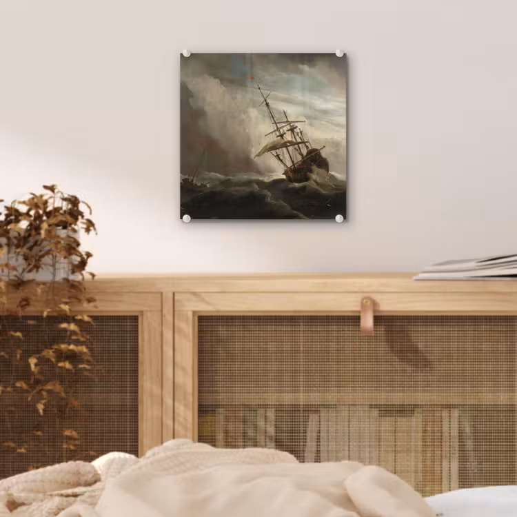 Een schip in volle zee bij vliegende storm - Schilderij van Willem van de Velde plexiglas 5mm klein -sfeer4