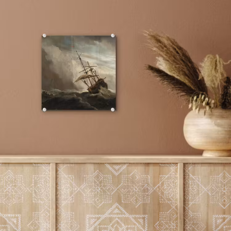 Een schip in volle zee bij vliegende storm - Schilderij van Willem van de Velde plexiglas 5mm klein -sfeer5