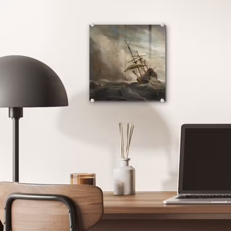 Een schip in volle zee bij vliegende storm - Schilderij van Willem van de Velde plexiglas 5mm klein -sfeer6