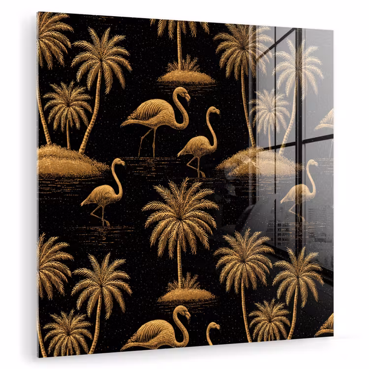 Flamingo - Palmbomen - Tropisch - Goud - Zwart plexiglas 5mm klein 11 -zzzproduct_nieuw