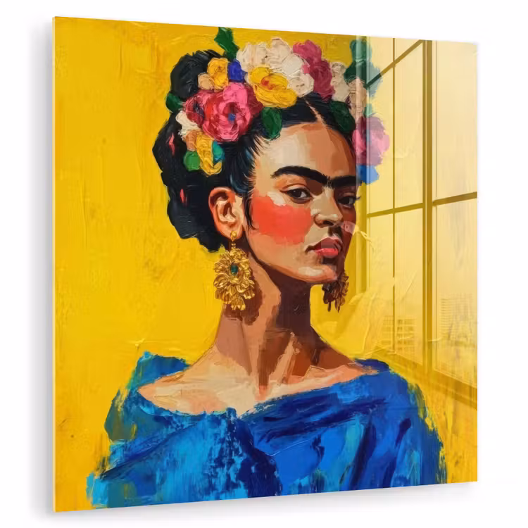 Frida Kahlo - Vrouw - Geel - Blauw - Bloemen plexiglas 5mm klein -zzzproduct_nieuw