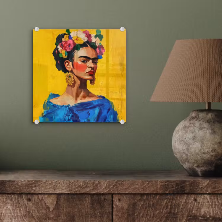 Frida Kahlo - Vrouw - Geel - Blauw - Bloemen plexiglas 5mm klein -sfeer3